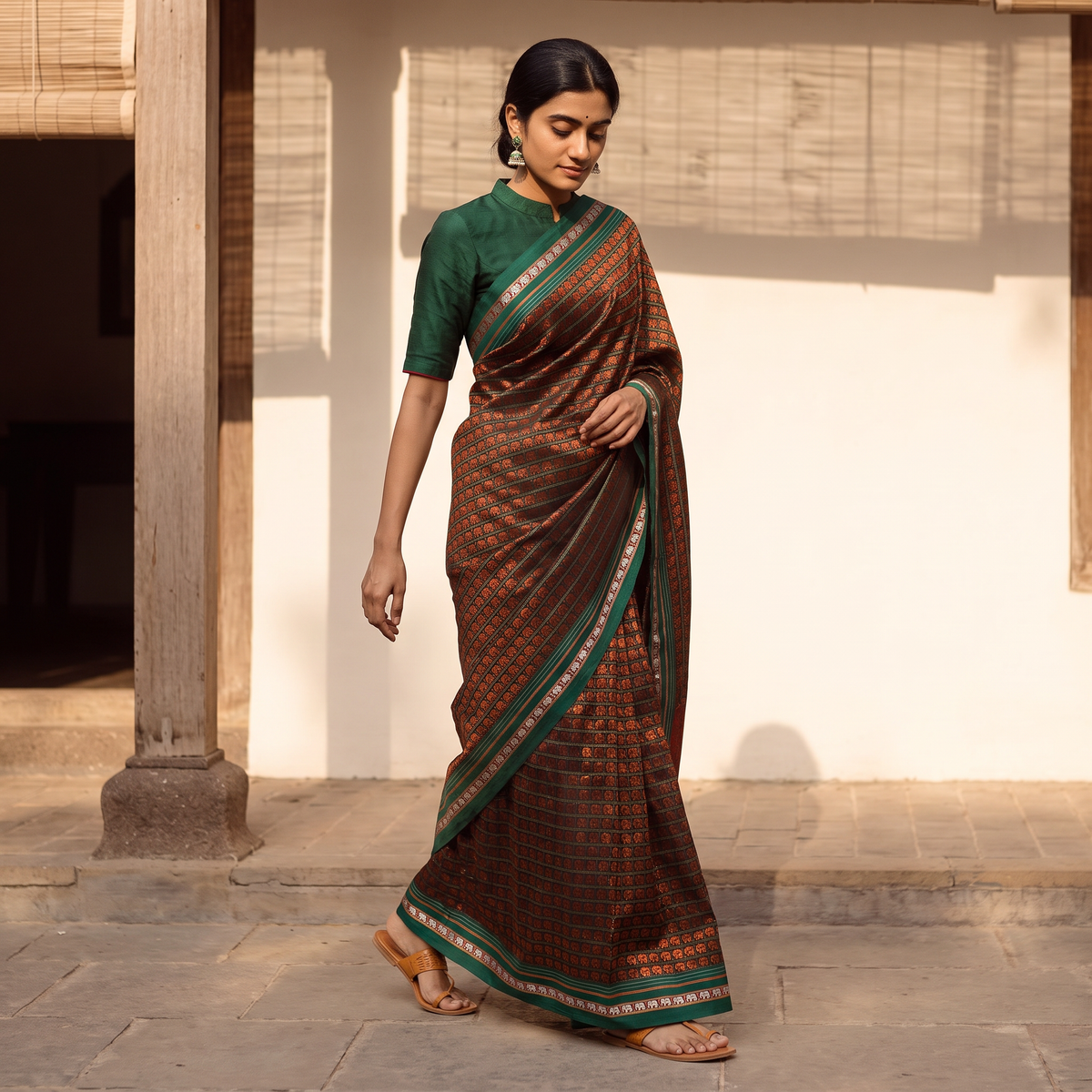 Brown Mercerised Cotton Silk Khun Saree with Blouse Piece, draped and worn by a woman, AI visual of the saree, iTokri