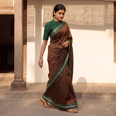 Brown Mercerised Cotton Silk Khun Saree with Blouse Piece, draped and worn by a woman, AI visual of the saree, iTokri