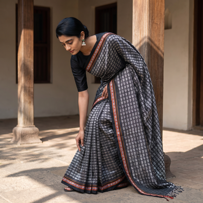 Grey Mercerised Cotton Silk Khun Saree with Blouse Piece, draped and worn by a woman, AI visual of the saree, iTokri