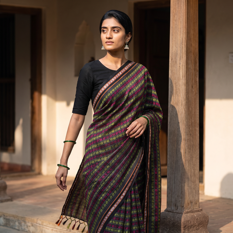 Multicolor Mercerised Cotton Silk Khun Saree with Blouse Piece, draped and worn by a woman, AI visual of the saree, iTokri