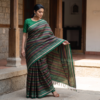 Multicolor Mercerised Cotton Silk Khun Saree with Blouse Piece, draped and worn by a woman, AI visual of the saree, iTokri