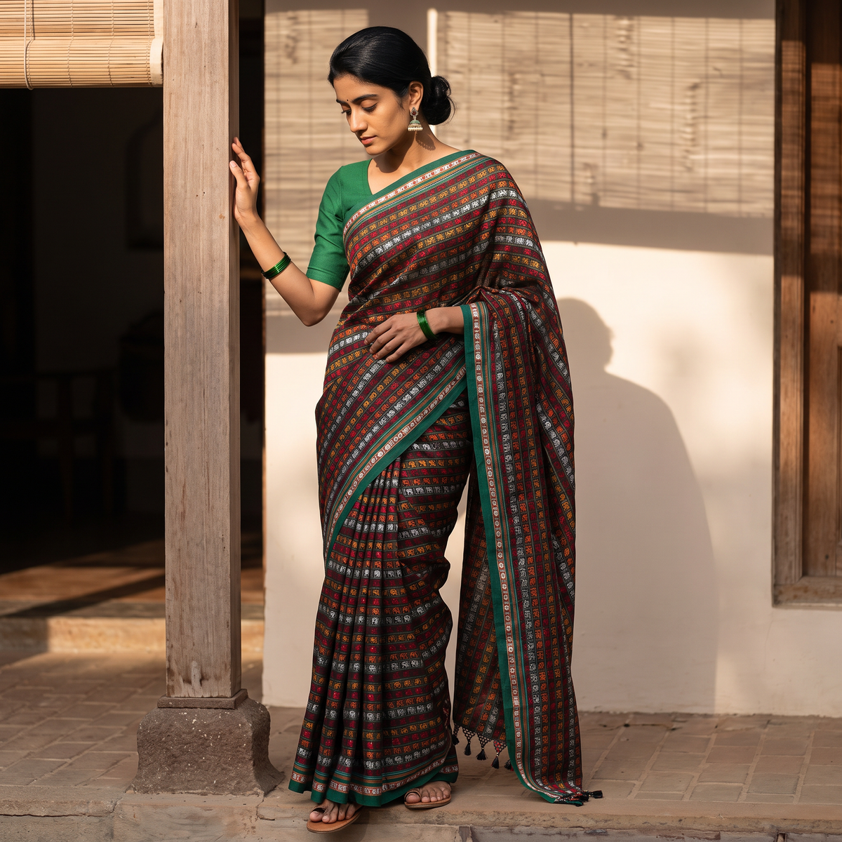 Multicolor Mercerised Cotton Silk Khun Saree with Blouse Piece, draped and worn by a woman, AI visual of the saree, iTokri