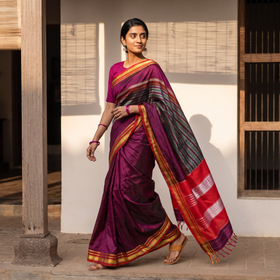Purple Mercerised Cotton Silk Khun Saree with Blouse Piece, draped and worn by a woman, AI visual of the saree, iTokri