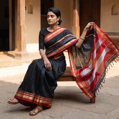 Black Mercerised Cotton Silk Khun Saree with Blouse Piece, draped and worn by a woman, AI visual of the saree, iTokri