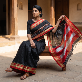 Black Mercerised Cotton Silk Khun Saree with Blouse Piece, draped and worn by a woman, AI visual of the saree, iTokri