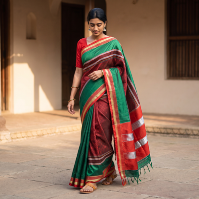 Multicolor Mercerised Cotton Silk Khun Saree with Blouse Piece, draped and worn by a woman, AI visual of the saree, iTokri