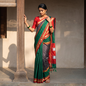 Multicolor Mercerised Cotton Silk Khun Saree with Blouse Piece, draped and worn by a woman, AI visual of the saree, iTokri