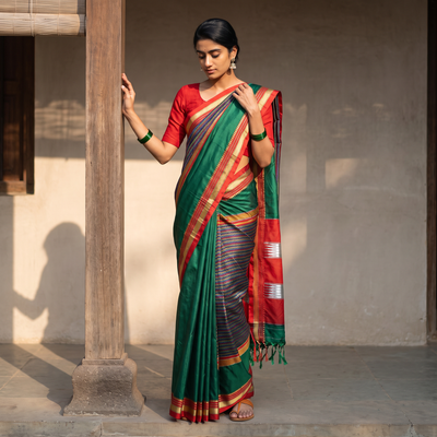 Multicolor Mercerised Cotton Silk Khun Saree with Blouse Piece, draped and worn by a woman, AI visual of the saree, iTokri