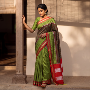 Multicolor Mercerised Cotton Silk Khun Saree with Blouse Piece, draped and worn by a woman, AI visual of the saree, iTokri