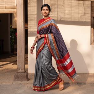 Multicolor Mercerised Cotton Silk Khun Saree with Blouse Piece, draped and worn by a woman, AI visual of the saree, iTokri
