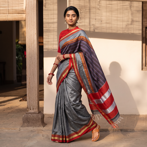 Multicolor Mercerised Cotton Silk Khun Saree with Blouse Piece, draped and worn by a woman, AI visual of the saree, iTokri