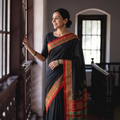 Black Mercerised Cotton Silk Plain Saree with Blouse Piece, draped and worn by a woman, AI visual of the saree, iTokri