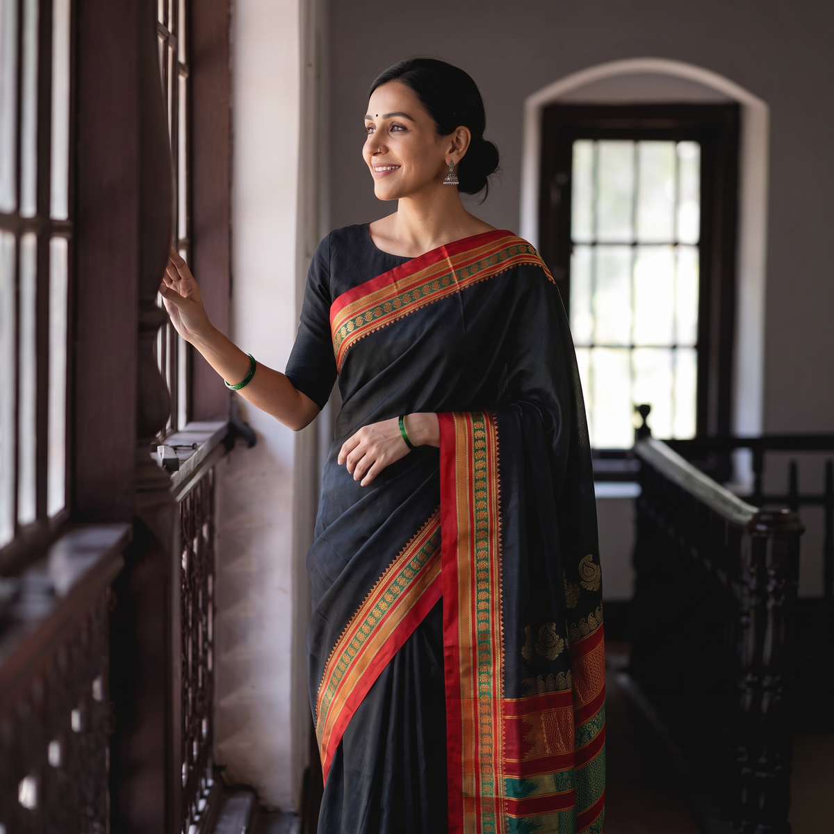 Black Mercerised Cotton Silk Plain Saree with Blouse Piece, draped and worn by a woman, AI visual of the saree, iTokri