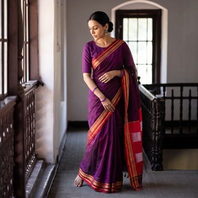 Purple Mercerised Cotton Silk Plain Saree with Blouse Piece, draped and worn by a woman, AI visual of the saree, iTokri