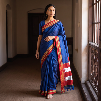 Blue Mercerised Cotton Silk Plain Saree with Blouse Piece, draped and worn by a woman, AI visual of the saree, iTokri