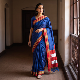 Blue Mercerised Cotton Silk Plain Saree with Blouse Piece, draped and worn by a woman, AI visual of the saree, iTokri