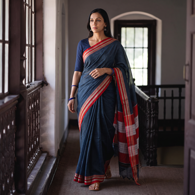 Blue Mercerised Cotton Silk Plain Saree with Blouse Piece, draped and worn by a woman, AI visual of the saree, iTokri