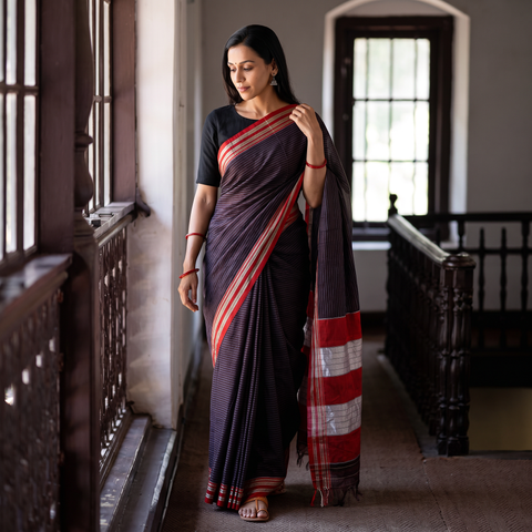 Brown Mercerised Cotton Silk Plain Saree with Blouse Piece, draped and worn by a woman, AI visual of the saree, iTokri