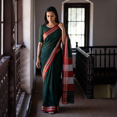 Green Mercerised Cotton Silk Plain Saree with Blouse Piece, draped and worn by a woman, AI visual of the saree, iTokri