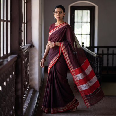 Maroon Mercerised Cotton Silk Plain Saree with Blouse Piece, draped and worn by a woman, AI visual of the saree, iTokri