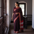Maroon Mercerised Cotton Silk Plain Saree with Blouse Piece, draped and worn by a woman, AI visual of the saree, iTokri