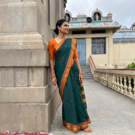Green Mercerised Cotton Zari Border Dharwad Saree, draped and worn by a woman, AI visual of the saree, iTokri