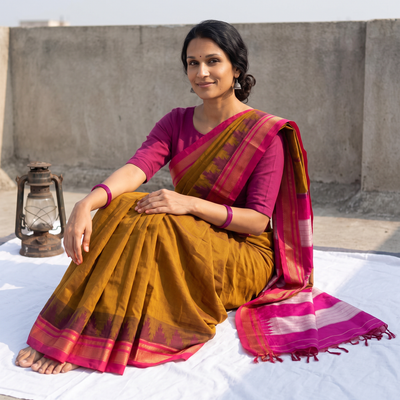 Brown Mercerized Cotton Plain Saree with Border, draped and worn by a woman, AI visual of the saree, iTokri