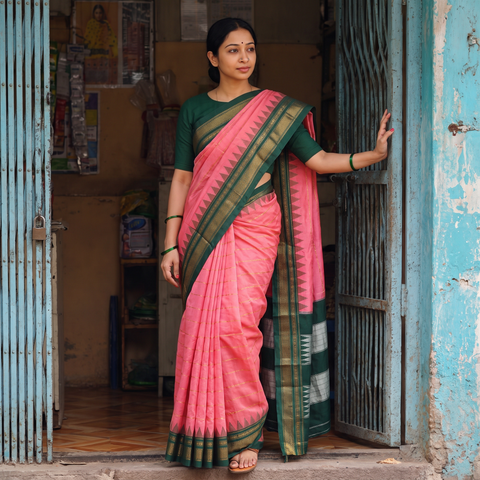 Pink Mercerized Cotton Zari Stripes Saree with Rudraksha Border, draped and worn by a woman, AI visual of the saree, iTokri