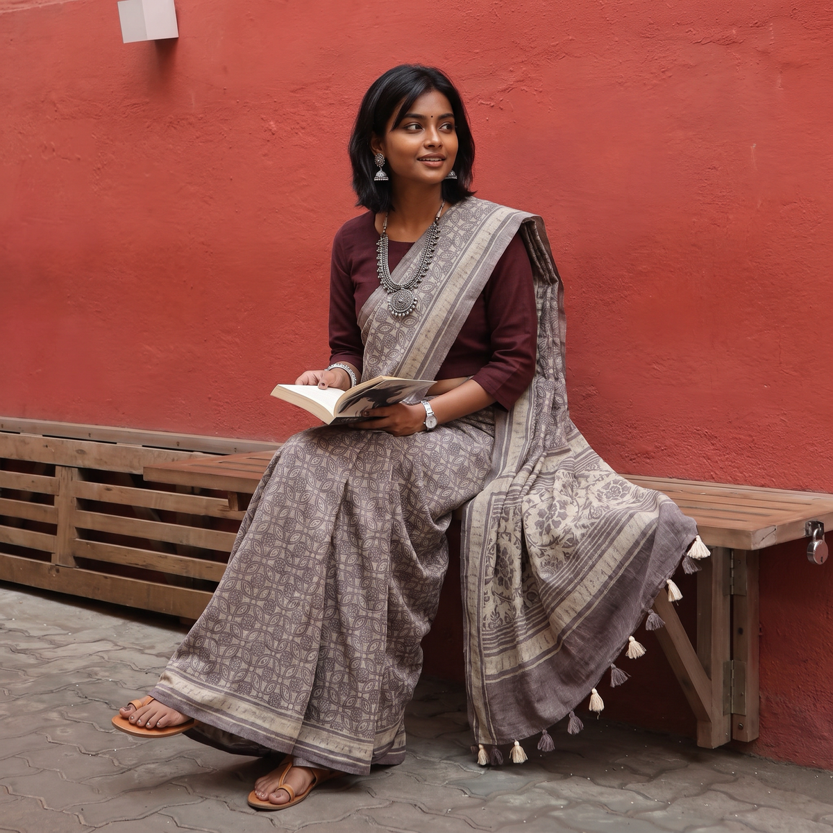 Grey Merino Wool Block Print Ajrakh Saree with Tassels, draped and worn by a woman, AI visual of the saree, iTokri