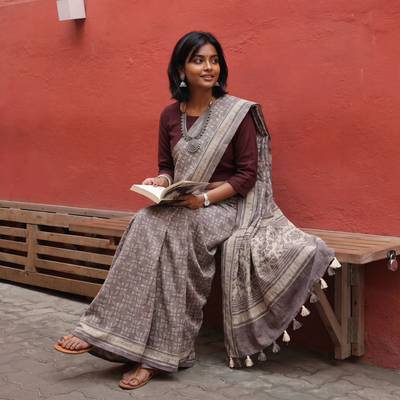 Grey Merino Wool Block Print Ajrakh Saree with Tassels, draped and worn by a woman, AI visual of the saree, iTokri
