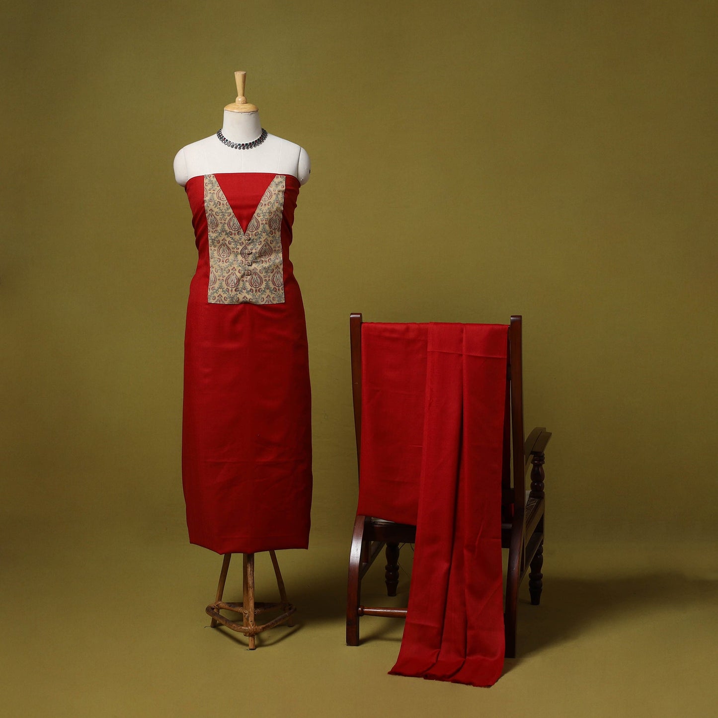 Merino wool plain 3pc unstitched dress material with patch