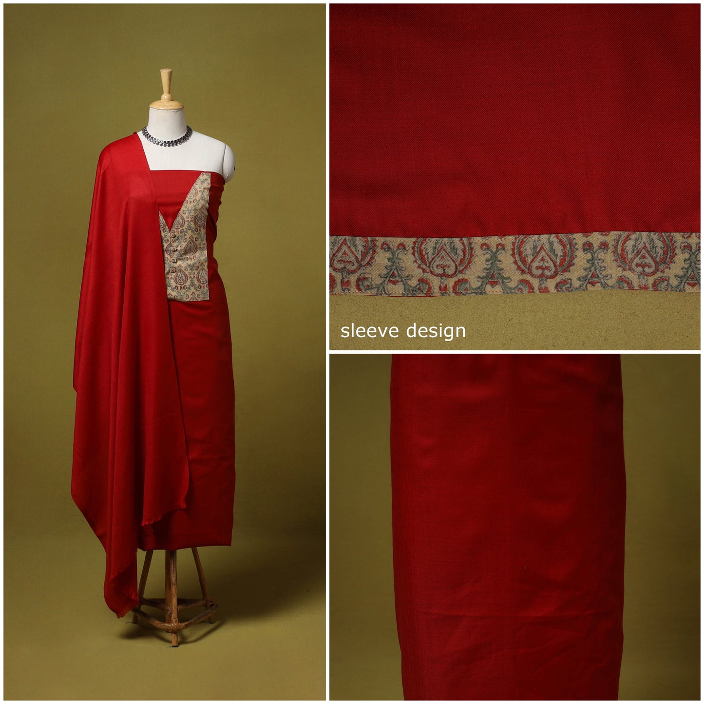 Merino wool plain 3pc unstitched dress material with patch