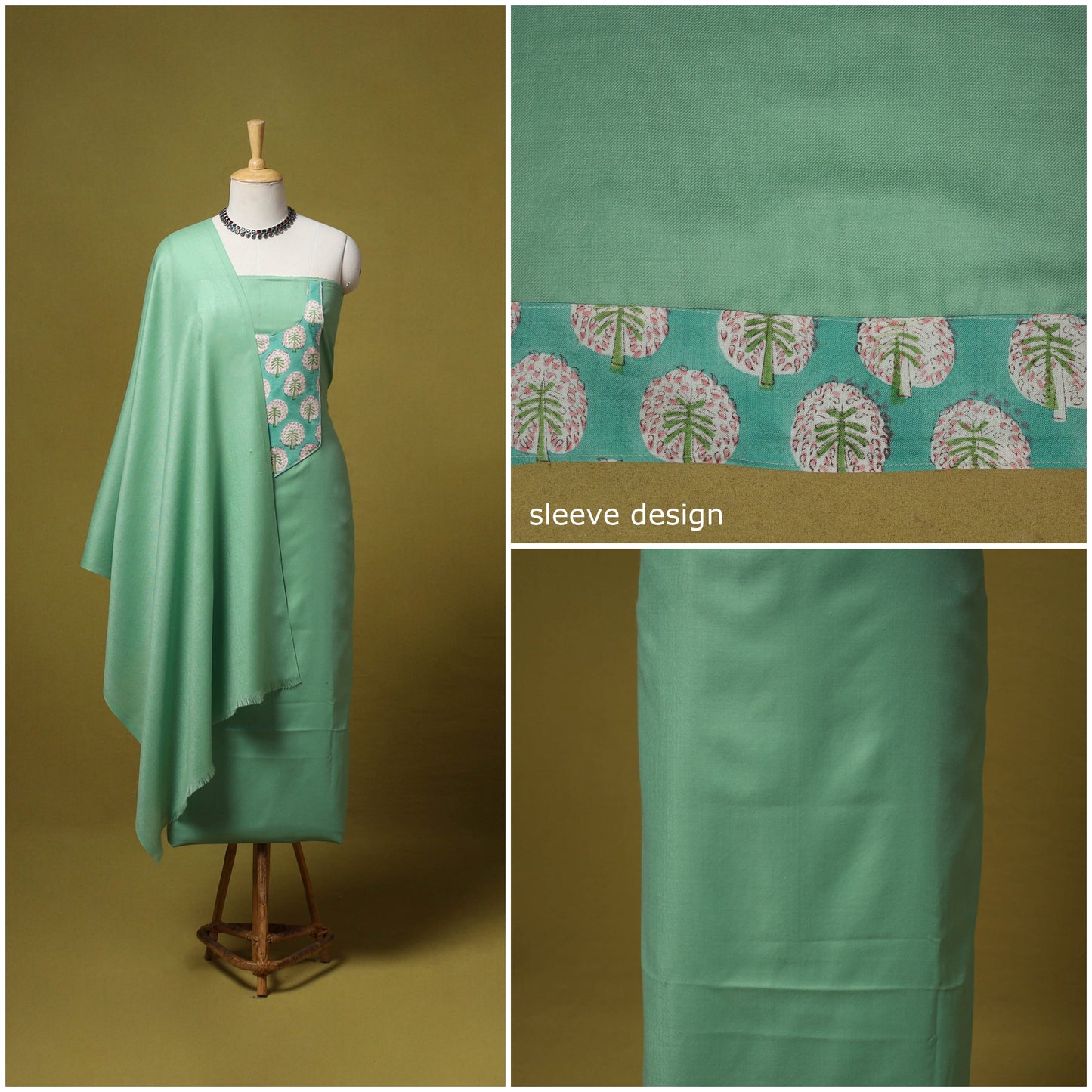 Merino wool plain 3pc unstitched dress material with patch