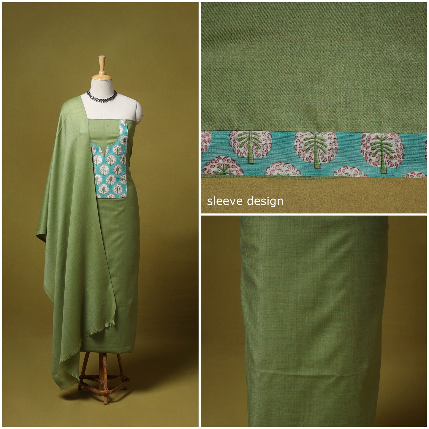 Merino wool plain 3pc unstitched dress material with patch