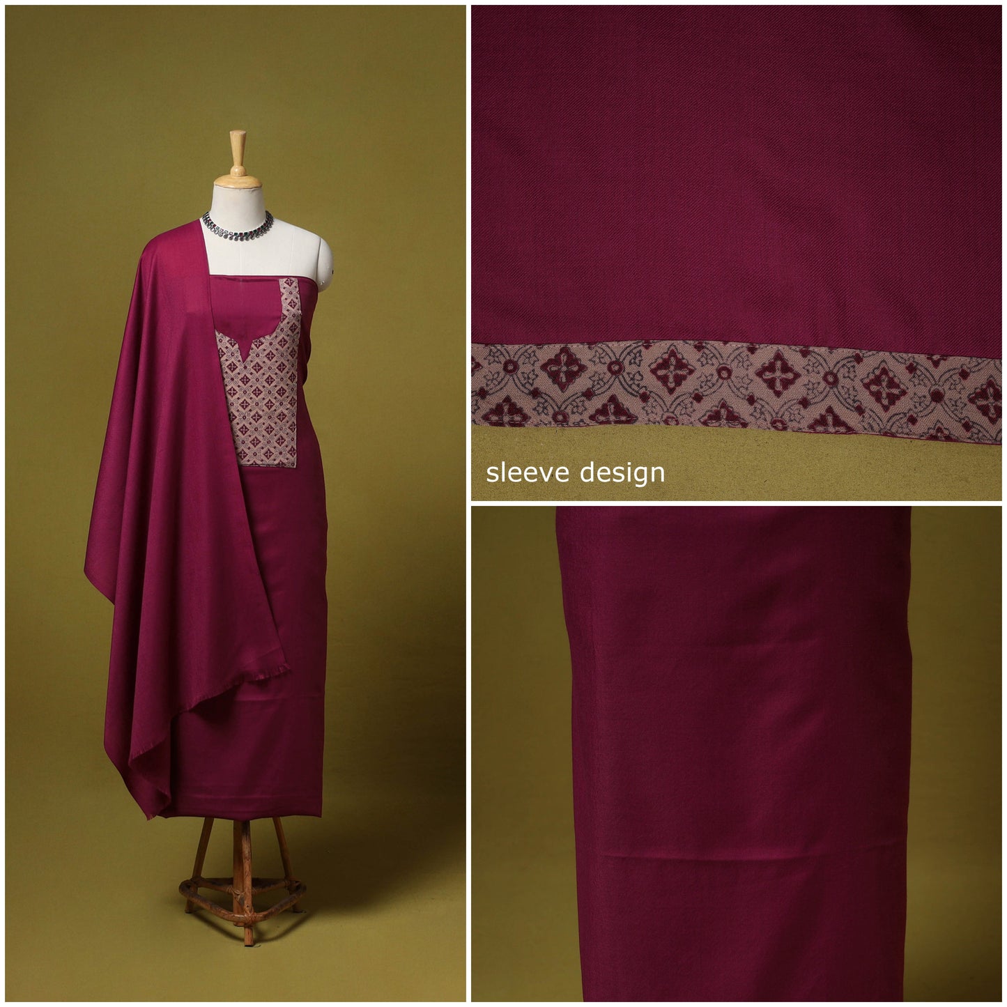 Merino wool plain 3pc unstitched dress material with patch