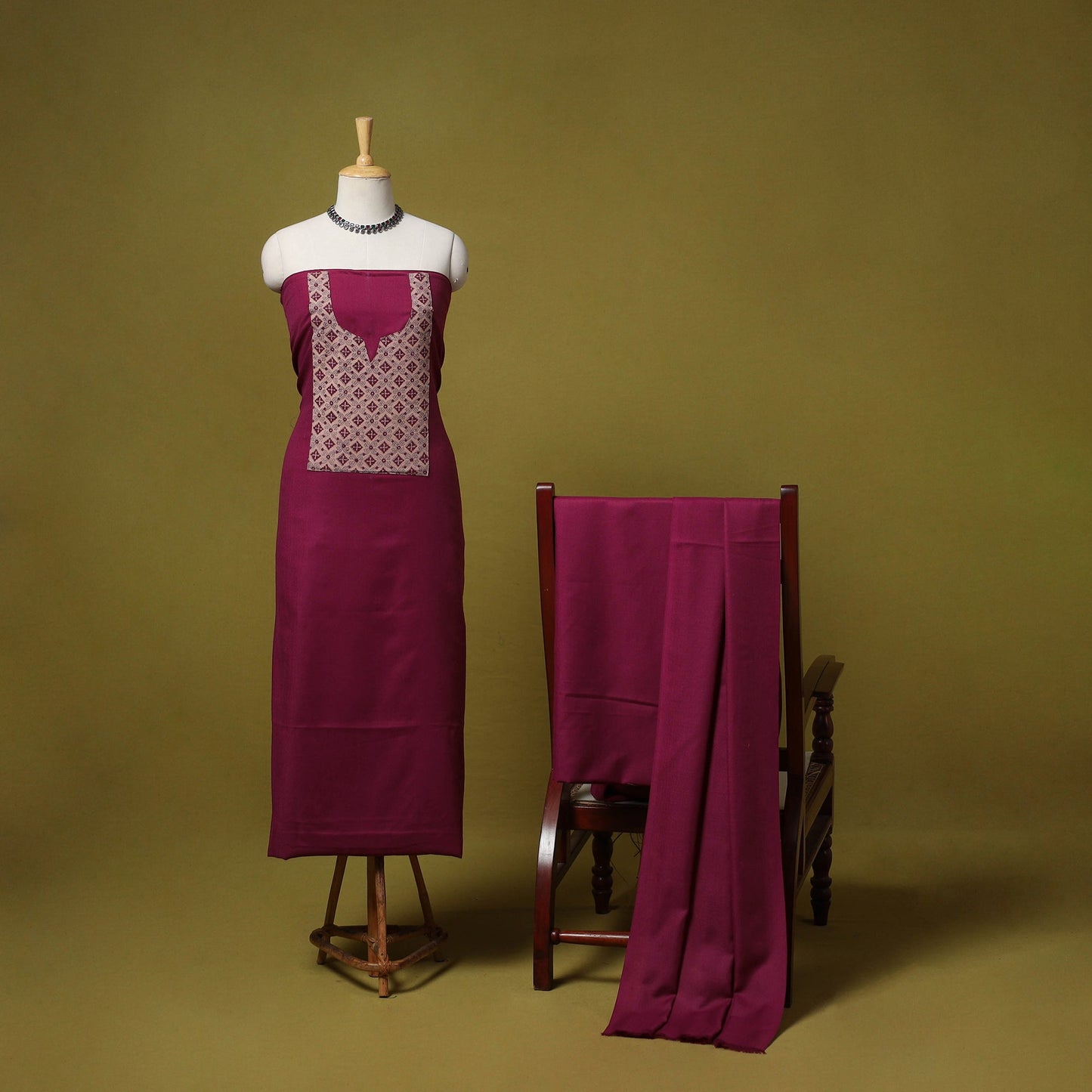 Merino wool plain 3pc unstitched dress material with patch