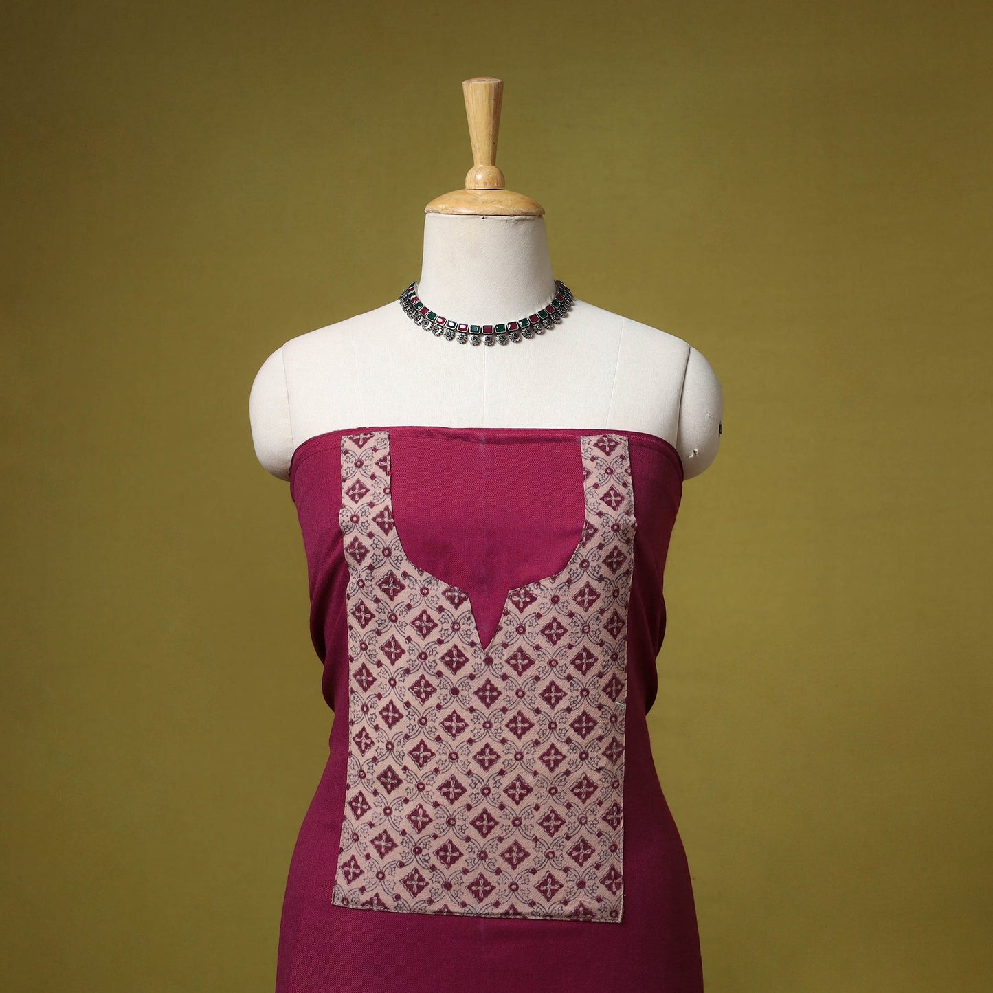 Merino wool plain 3pc unstitched dress material with patch