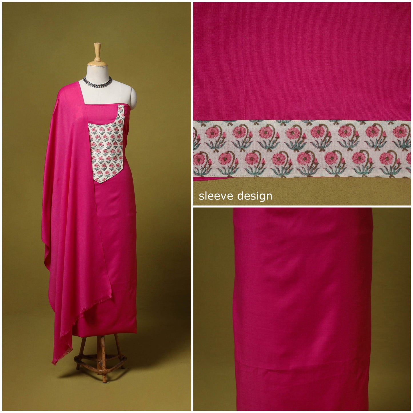 Merino wool plain 3pc unstitched dress material with patch