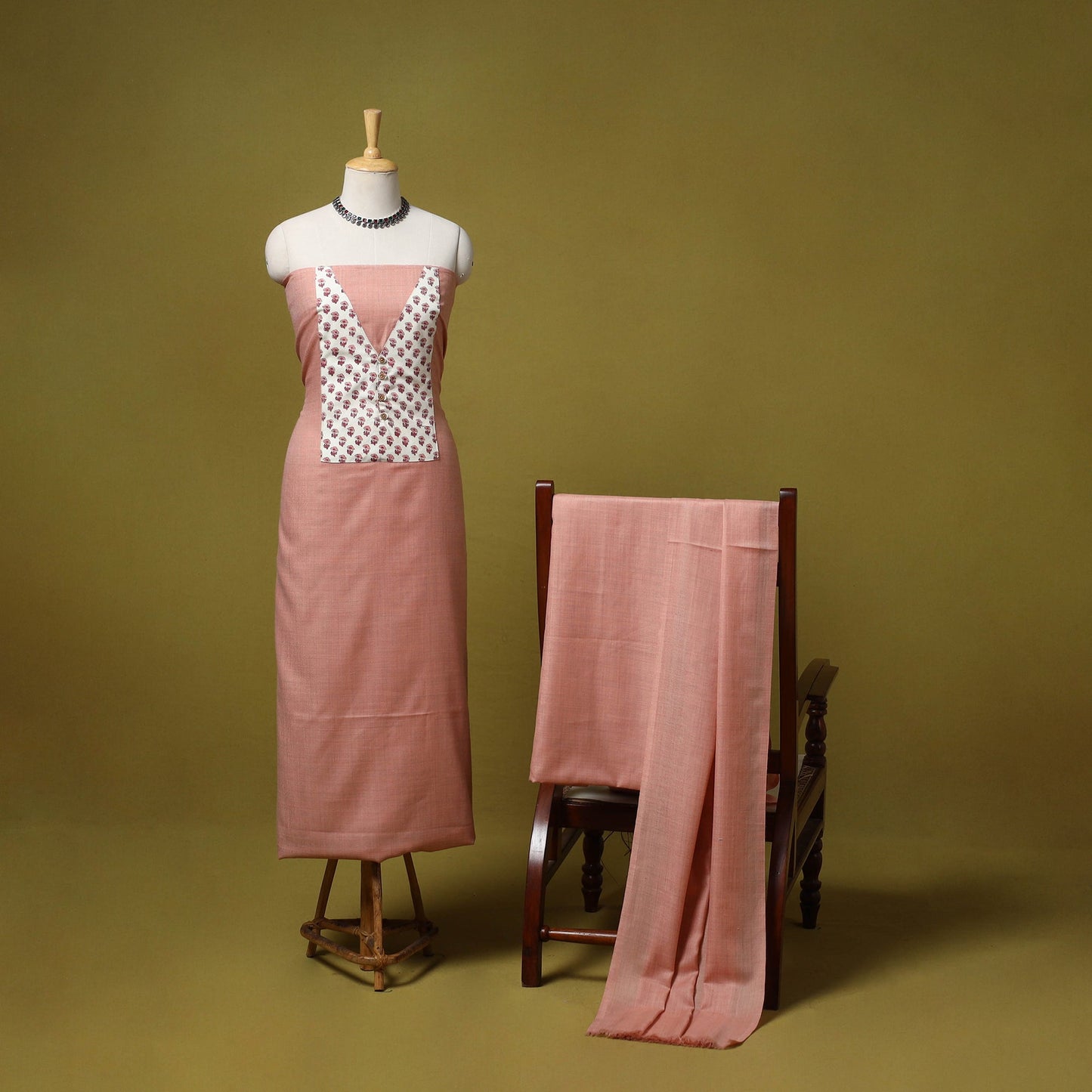 Merino wool plain 3pc unstitched dress material with patch