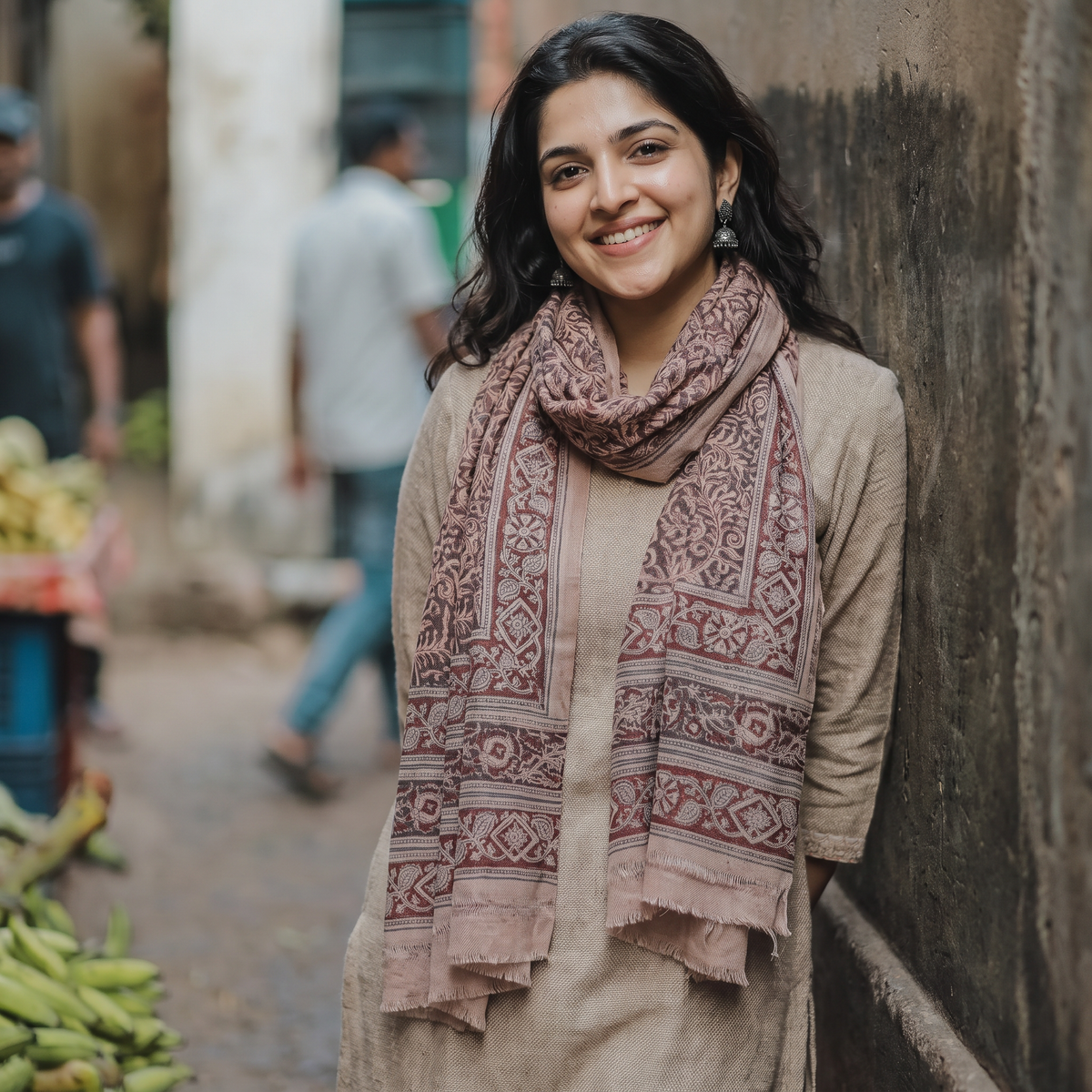 Light pink Merino Wool Stole in Pedana Kalamkari Block Prints, worn by a woman, AI visual of the stole, iTokri