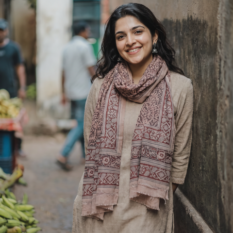 Light pink Merino Wool Stole in Pedana Kalamkari Block Prints, worn by a woman, AI visual of the stole, iTokri