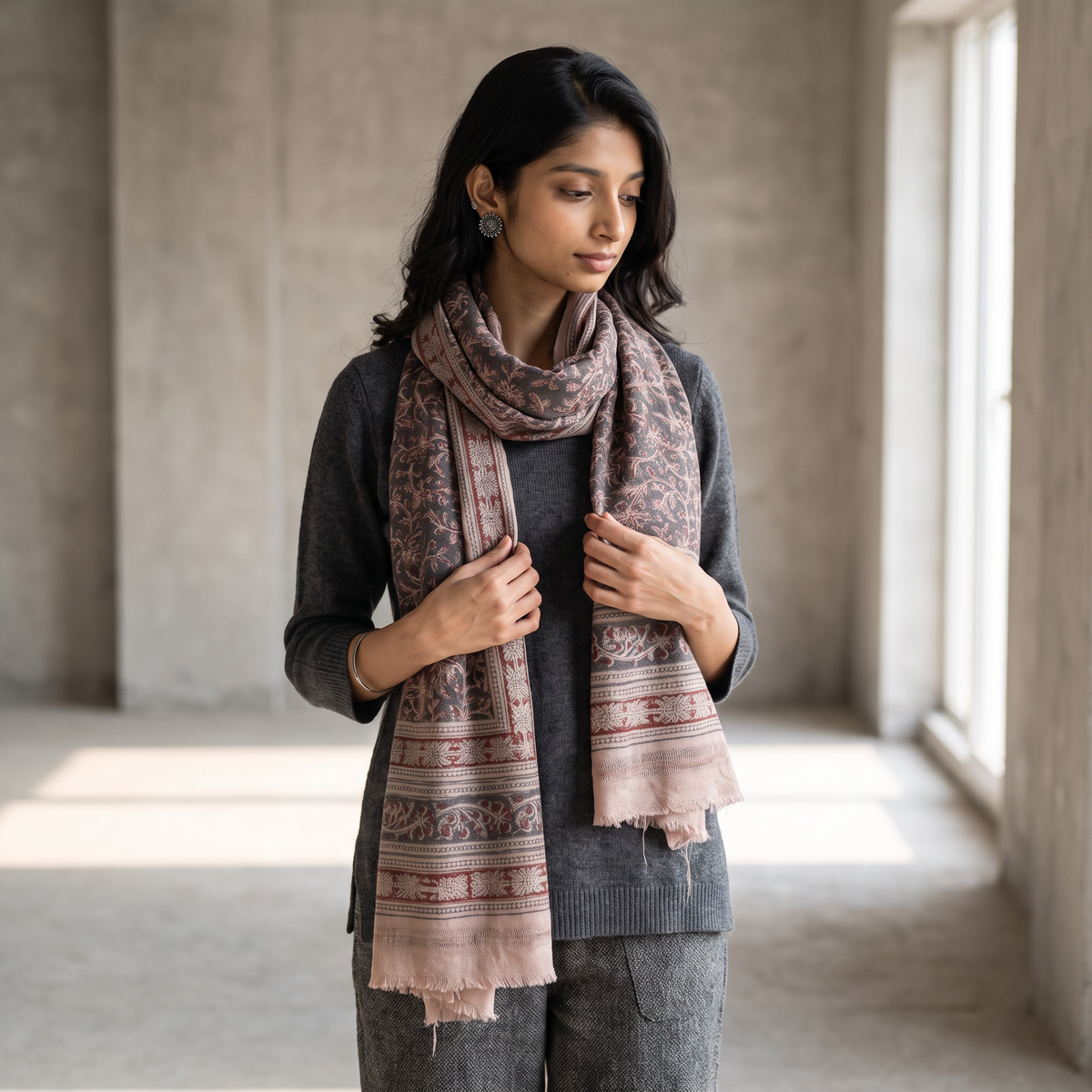 Light pink Merino Wool Stole in Pedana Kalamkari Block Prints, worn by a woman, AI visual of the stole, iTokri