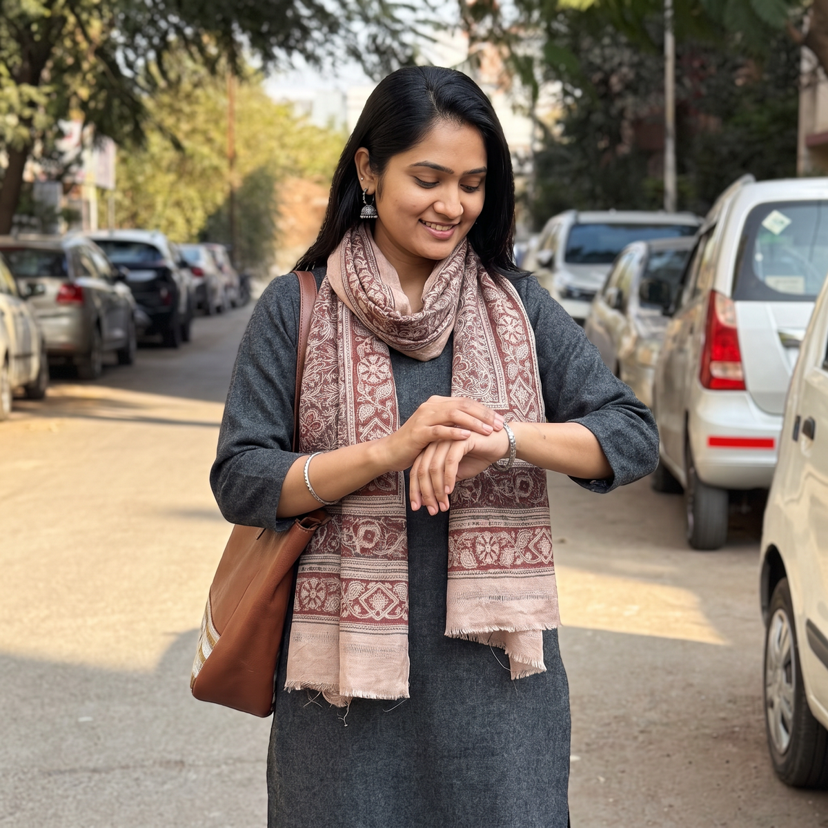 Light pink Merino Wool Stole in Pedana Kalamkari Block Prints, worn by a woman, AI visual of the stole, iTokri