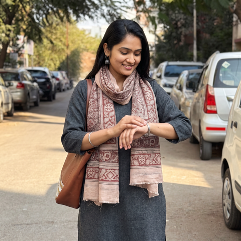 Light pink Merino Wool Stole in Pedana Kalamkari Block Prints, worn by a woman, AI visual of the stole, iTokri