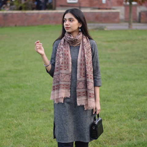 Light pink Merino Wool Stole in Pedana Kalamkari Block Prints, worn by a woman, AI visual of the stole, iTokri