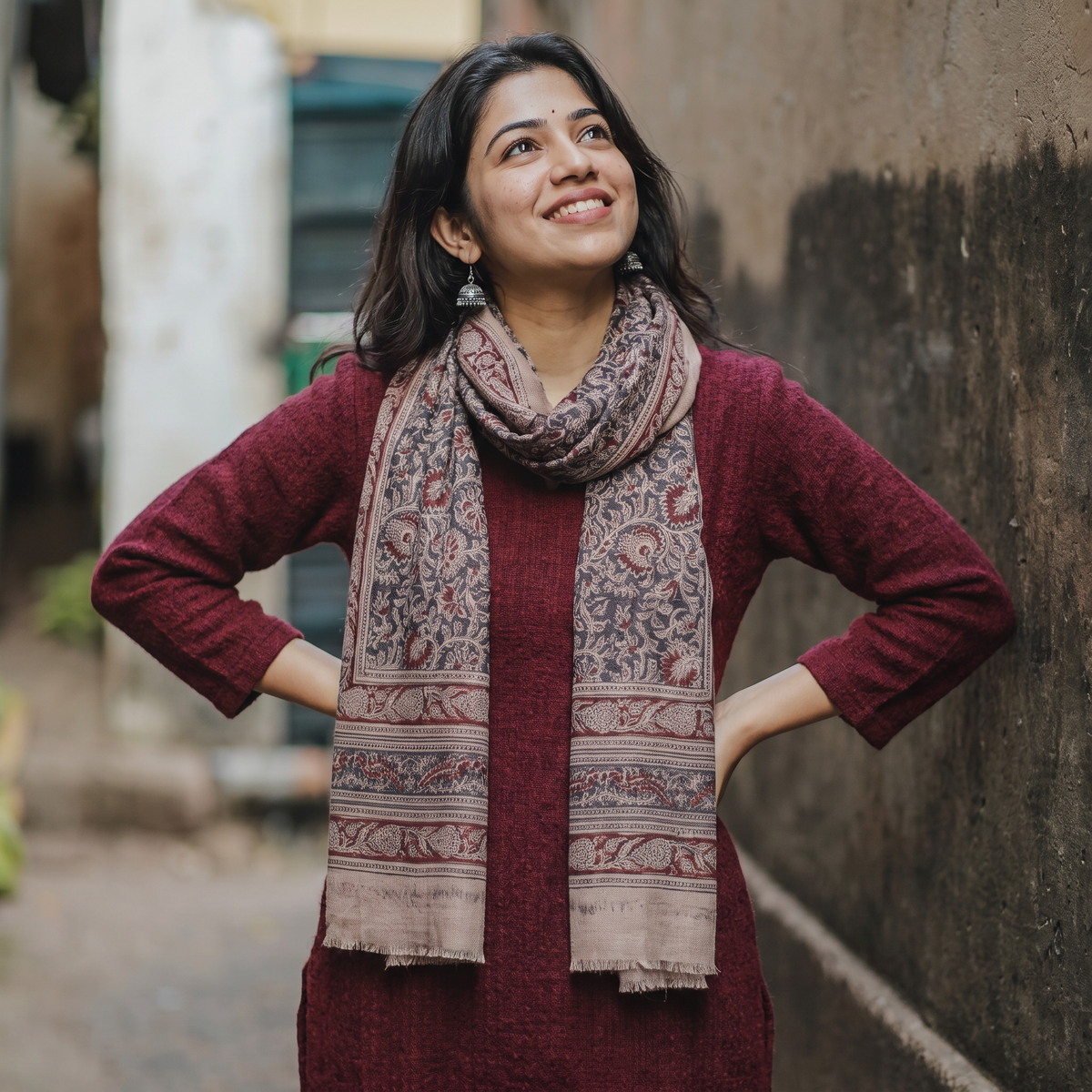 Light pink Merino Wool Stole in Pedana Kalamkari Block Prints, worn by a woman, AI visual of the stole, iTokri