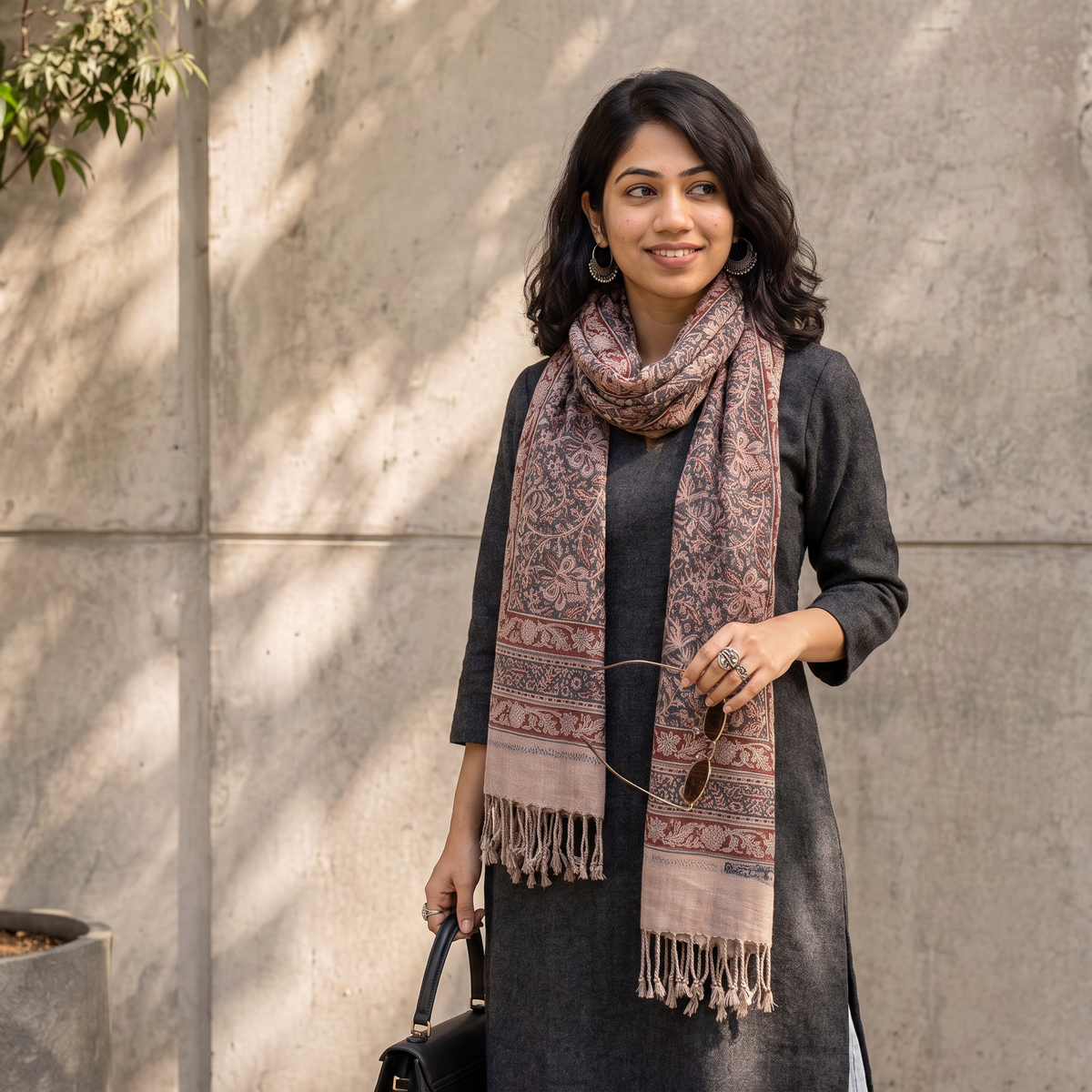 Light pink Merino Wool Stole in Pedana Kalamkari Block Prints, worn by a woman, AI visual of the stole, iTokri
