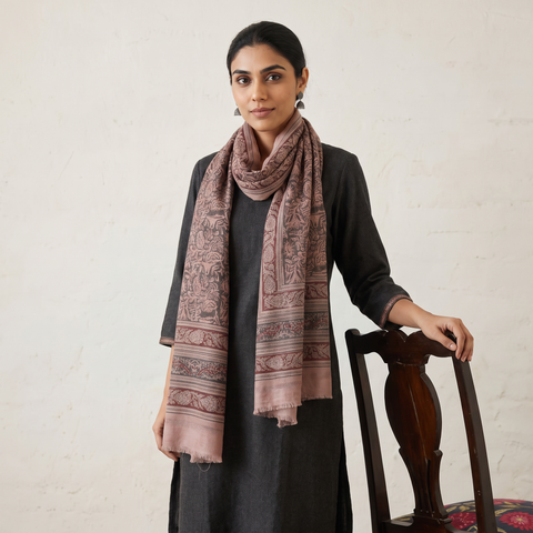 Light pink Merino Wool Stole in Pedana Kalamkari Block Prints, worn by a woman, AI visual of the stole, iTokri