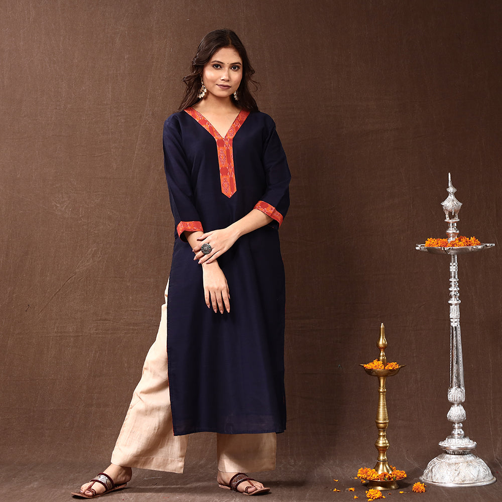 Buy Midnight Blue Silk Plain Long Kurta for Women