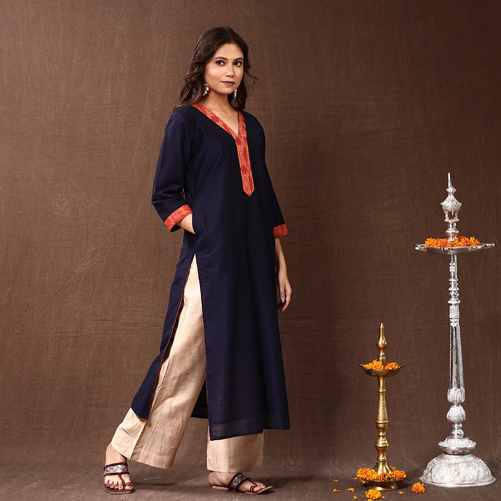 Buy Midnight Blue Silk Plain Long Kurta for Women